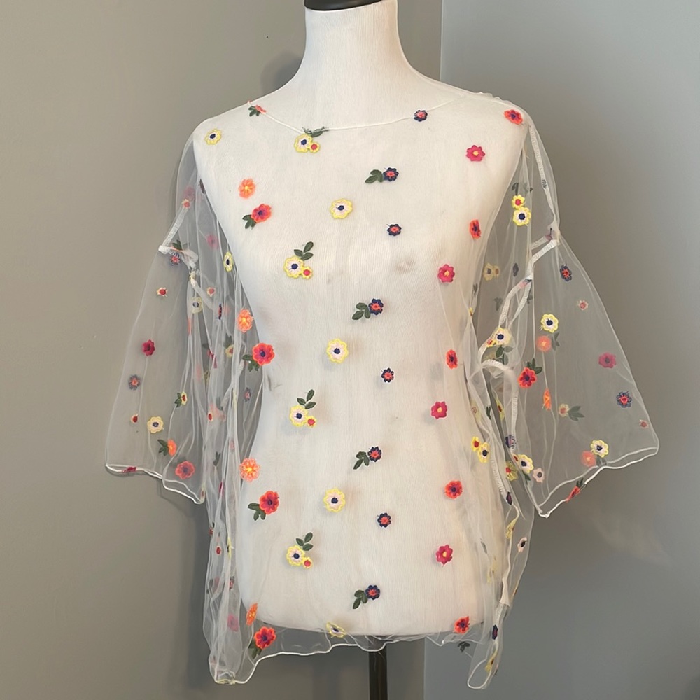 SHEIN Sheer Mesh Floral Embroidered Top